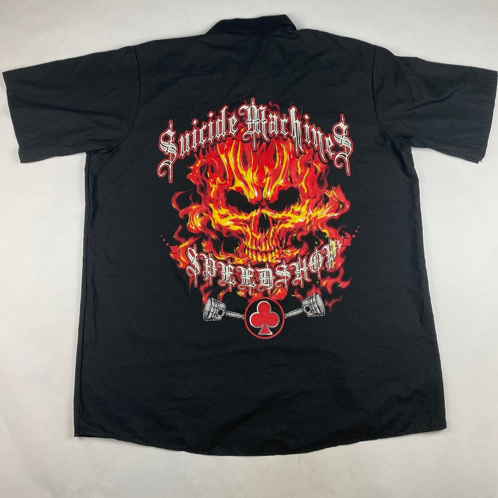 Suicide Machines Speed Shop Flame Skull Motorcycle Button Up Shirt Men's XL - Picture 2 of 8